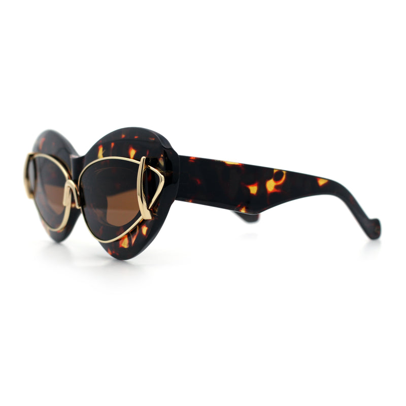 Womens Thick Plastic Cat Eye Double Metal Rim Mod Retro Fashion Sunglasses