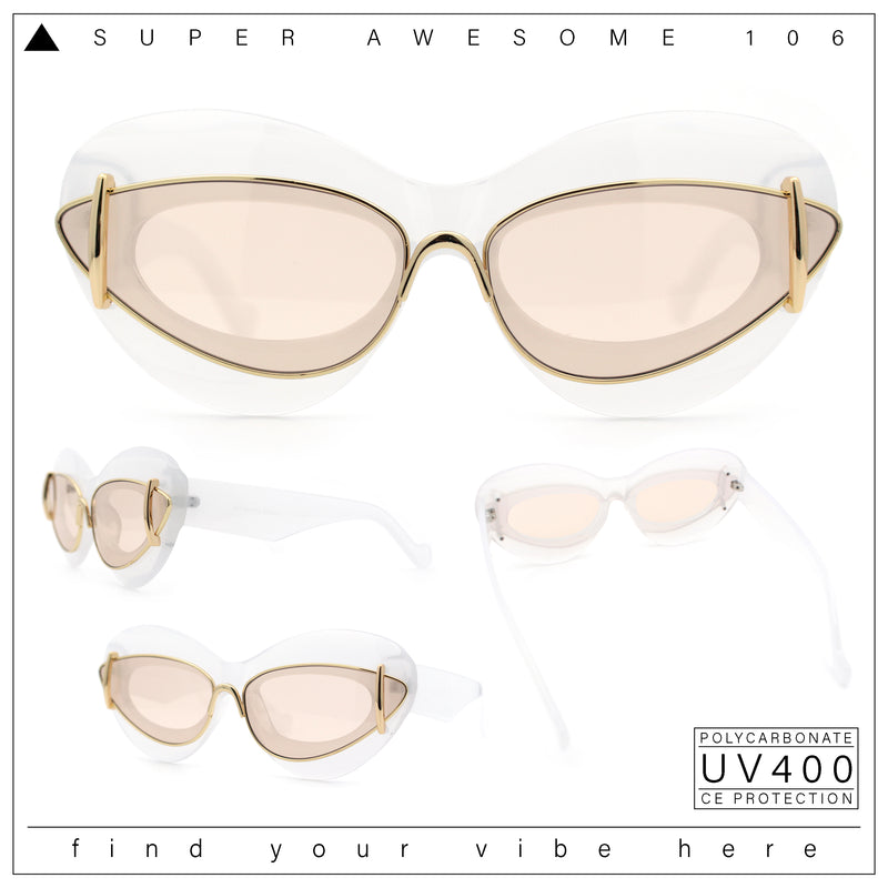 Womens Thick Plastic Cat Eye Double Metal Rim Mod Retro Fashion Sunglasses