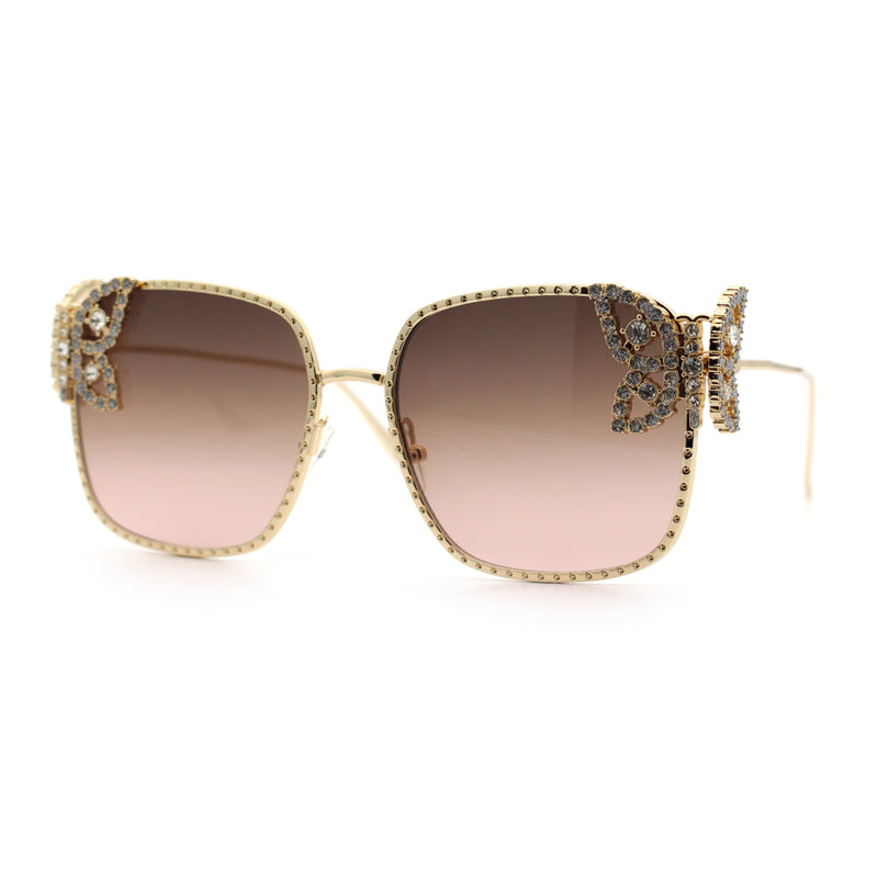 Luxury Womens Heavy Rhinestone Bling Rectangle Butterfly Metal Sunglasses