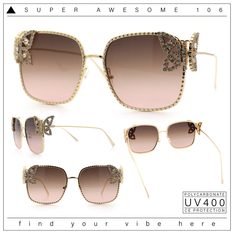 Luxury Womens Heavy Rhinestone Bling Rectangle Butterfly Metal Sunglasses