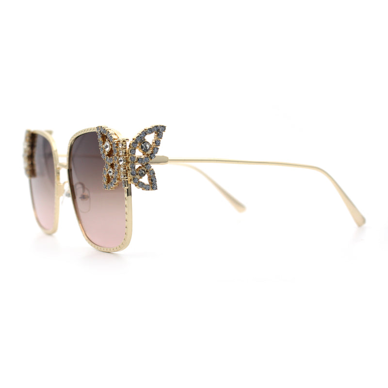 Luxury Womens Heavy Rhinestone Bling Rectangle Butterfly Metal Sunglasses