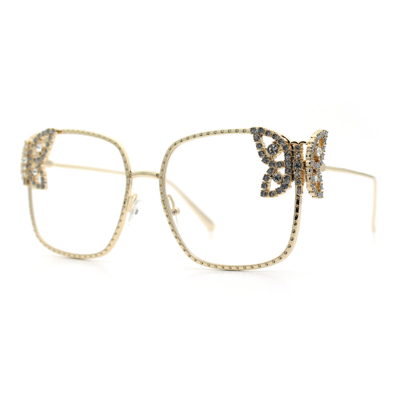 Luxury Womens Heavy Rhinestone Bling Rectangle Butterfly Metal Sunglasses