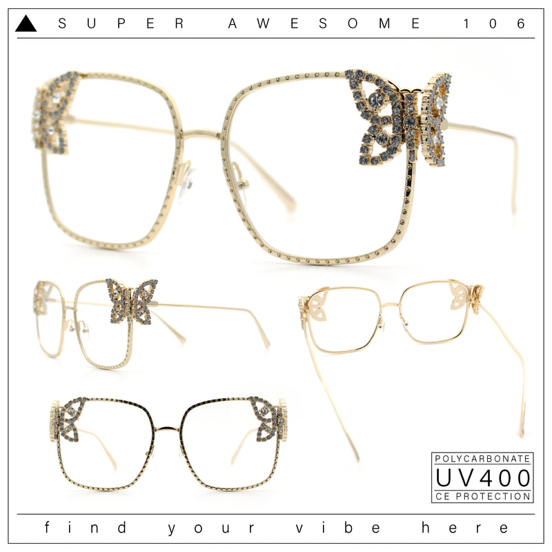 Luxury Womens Heavy Rhinestone Bling Rectangle Butterfly Metal Sunglasses