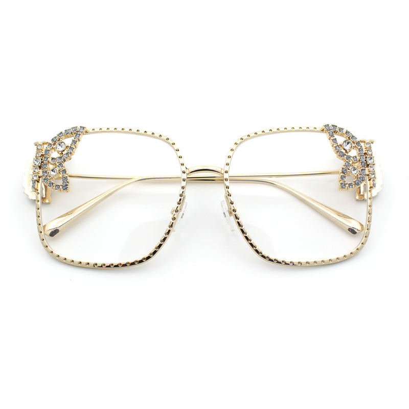 Luxury Womens Heavy Rhinestone Bling Rectangle Butterfly Metal Sunglasses