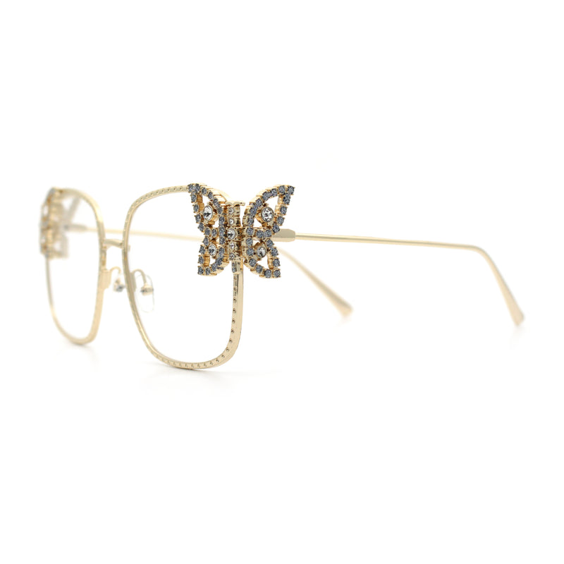 Luxury Womens Heavy Rhinestone Bling Rectangle Butterfly Metal Sunglasses