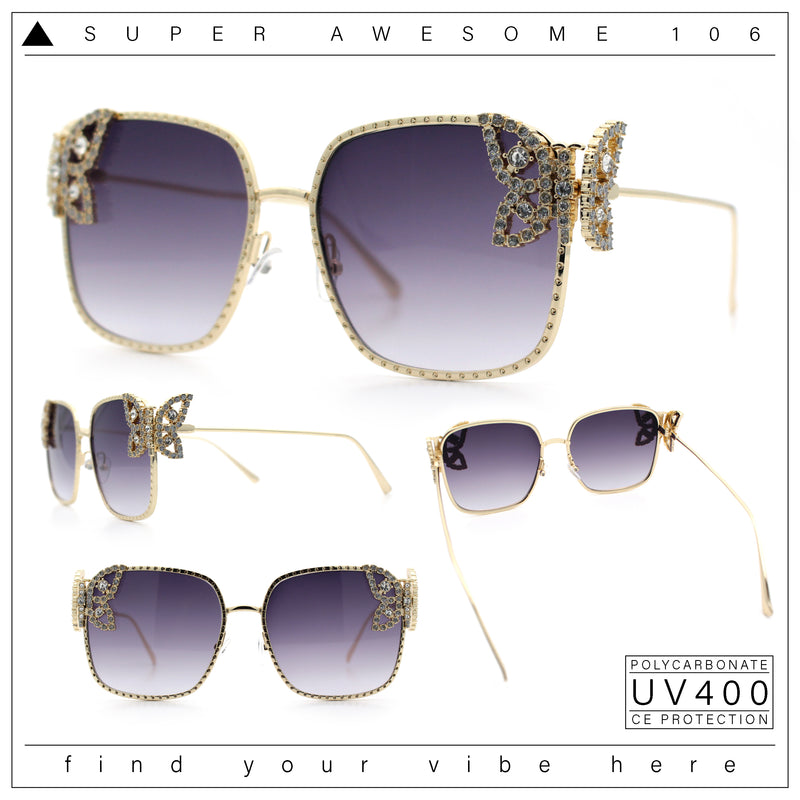 Luxury Womens Heavy Rhinestone Bling Rectangle Butterfly Metal Sunglasses