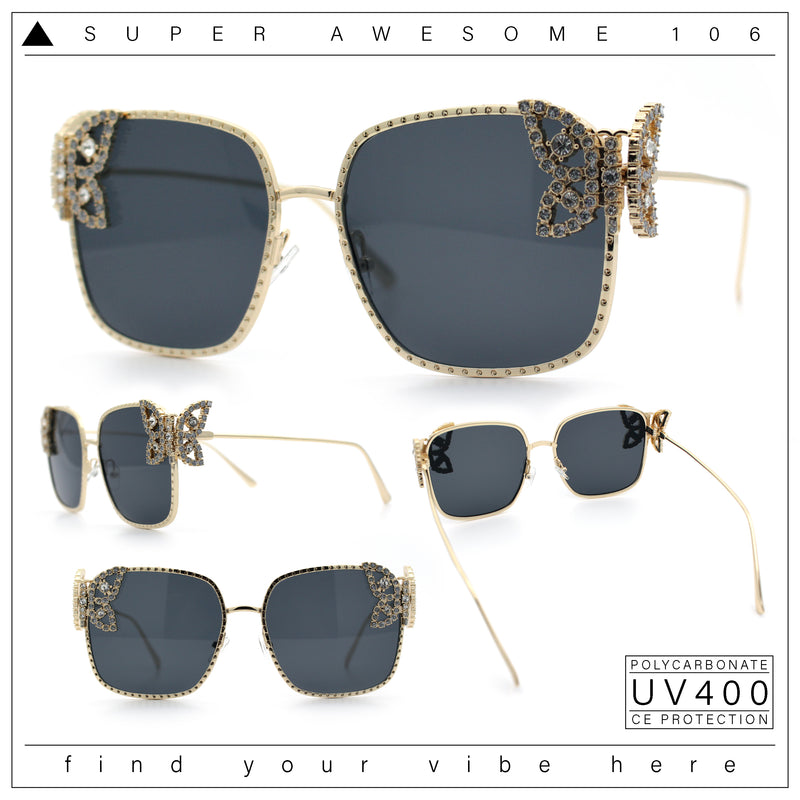 Luxury Womens Heavy Rhinestone Bling Rectangle Butterfly Metal Sunglasses