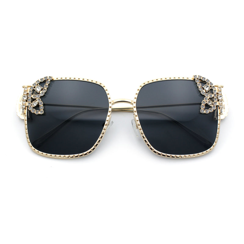 Luxury Womens Heavy Rhinestone Bling Rectangle Butterfly Metal Sunglasses