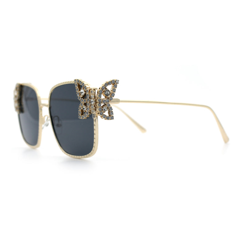 Luxury Womens Heavy Rhinestone Bling Rectangle Butterfly Metal Sunglasses