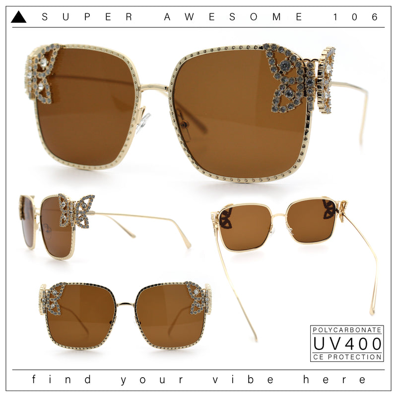 Luxury Womens Heavy Rhinestone Bling Rectangle Butterfly Metal Sunglasses