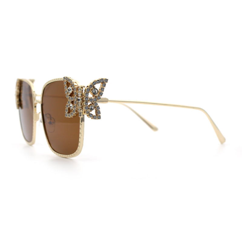 Luxury Womens Heavy Rhinestone Bling Rectangle Butterfly Metal Sunglasses