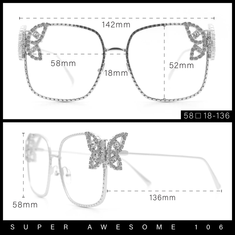 Luxury Womens Heavy Rhinestone Bling Rectangle Butterfly Metal Sunglasses
