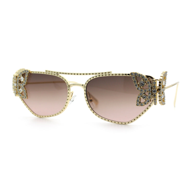 Luxury Womens Heavy Rhinestone Iced Out Cat Eye Metal Sunglasses