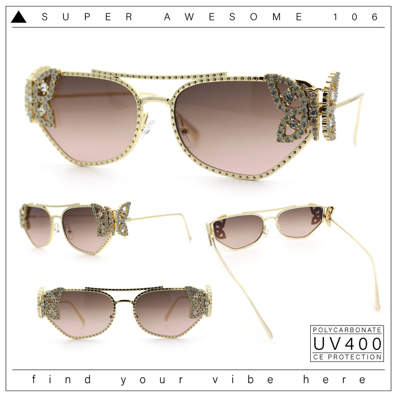 Luxury Womens Heavy Rhinestone Iced Out Cat Eye Metal Sunglasses