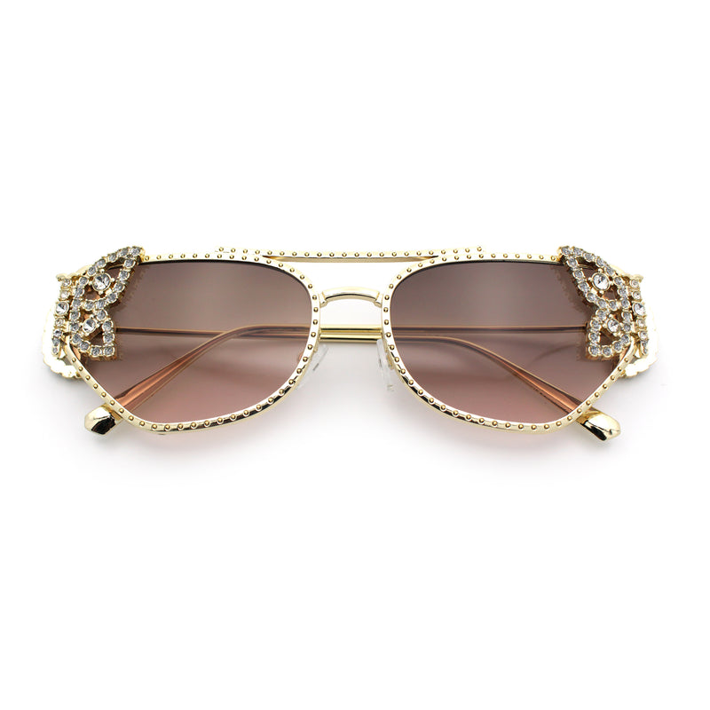 Luxury Womens Heavy Rhinestone Iced Out Cat Eye Metal Sunglasses