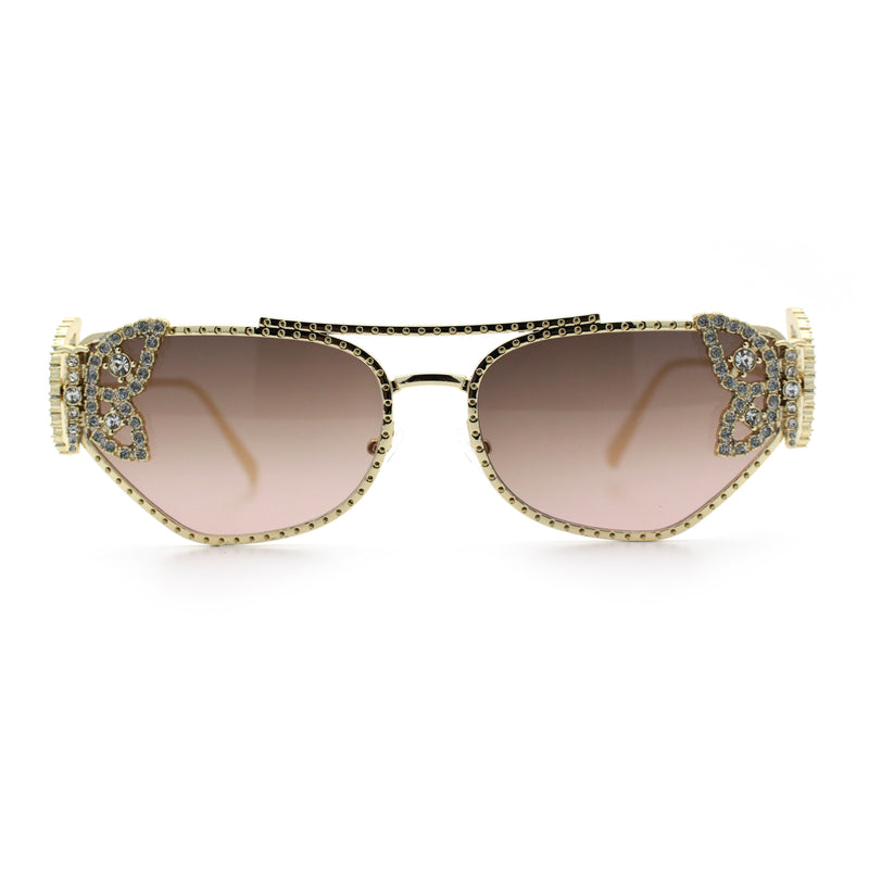 Luxury Womens Heavy Rhinestone Iced Out Cat Eye Metal Sunglasses