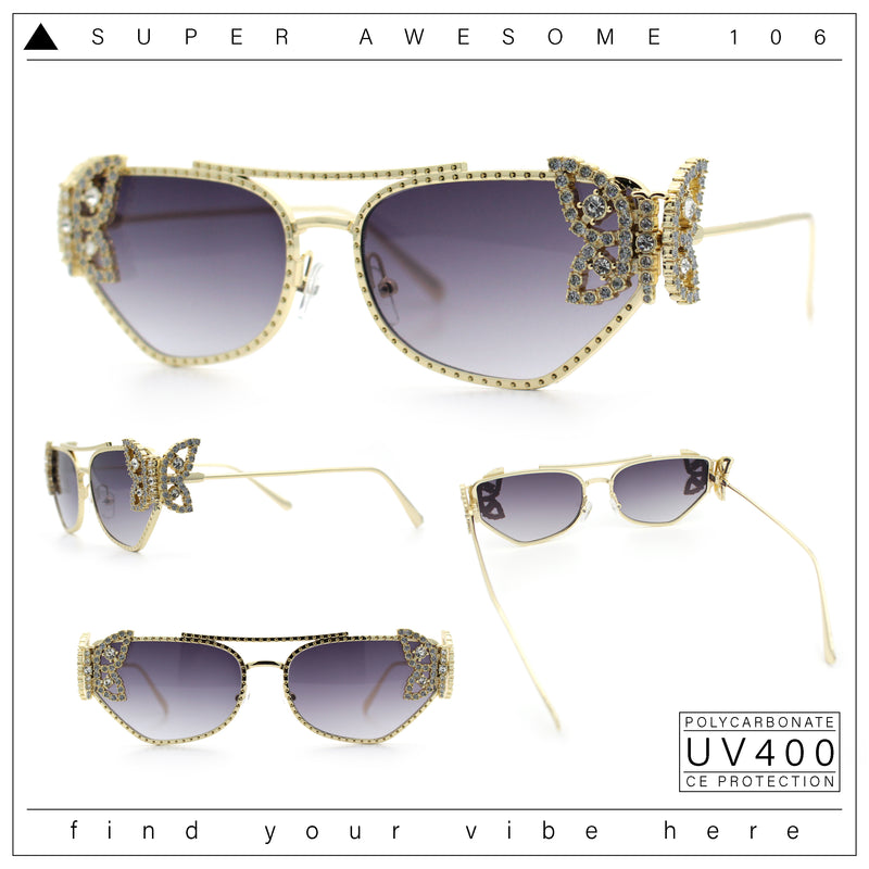 Luxury Womens Heavy Rhinestone Iced Out Cat Eye Metal Sunglasses