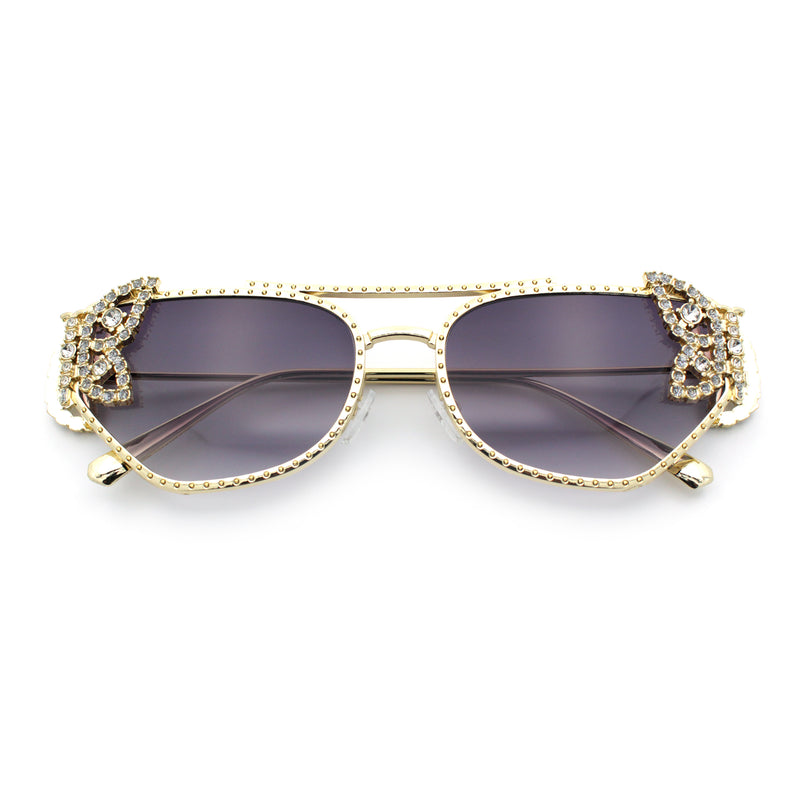 Luxury Womens Heavy Rhinestone Iced Out Cat Eye Metal Sunglasses