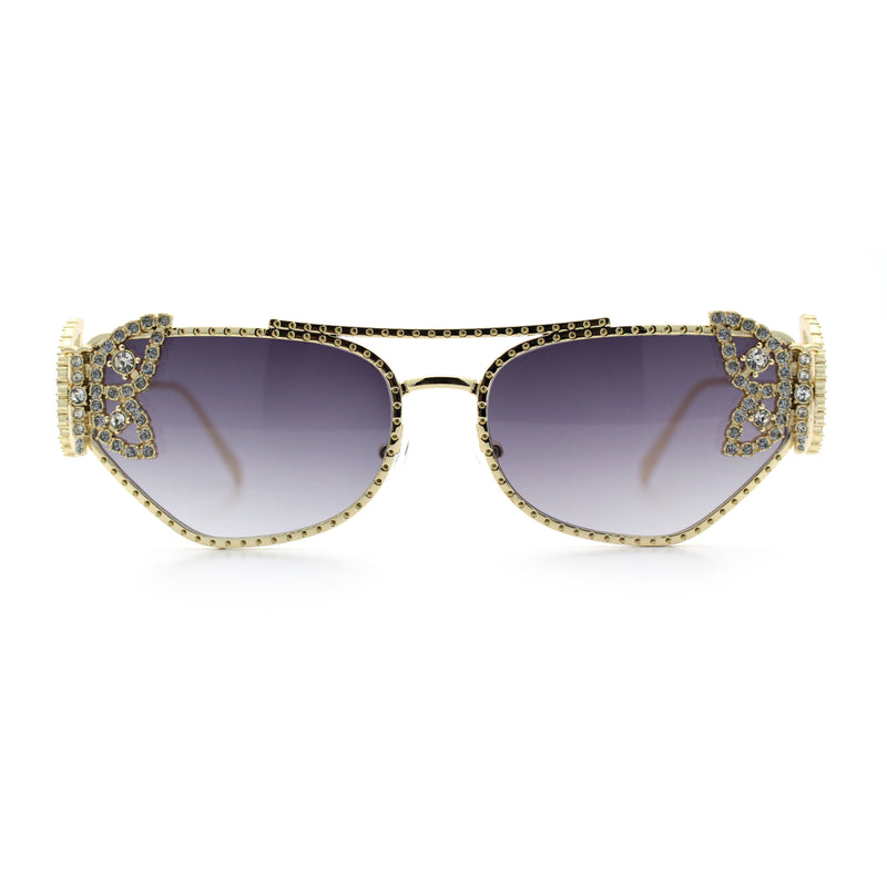 Luxury Womens Heavy Rhinestone Iced Out Cat Eye Metal Sunglasses
