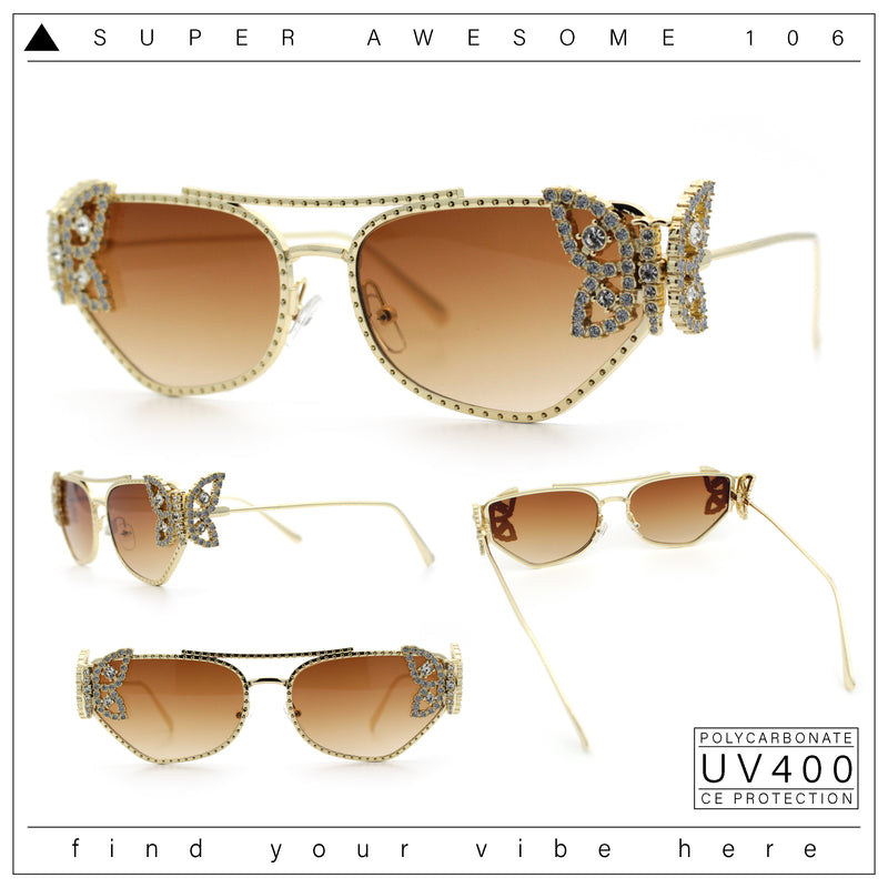 Luxury Womens Heavy Rhinestone Iced Out Cat Eye Metal Sunglasses