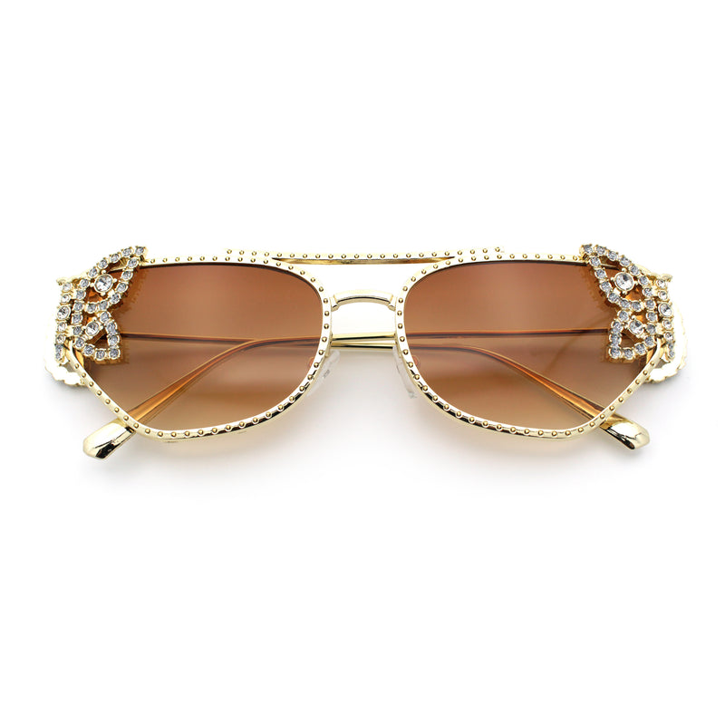 Luxury Womens Heavy Rhinestone Iced Out Cat Eye Metal Sunglasses