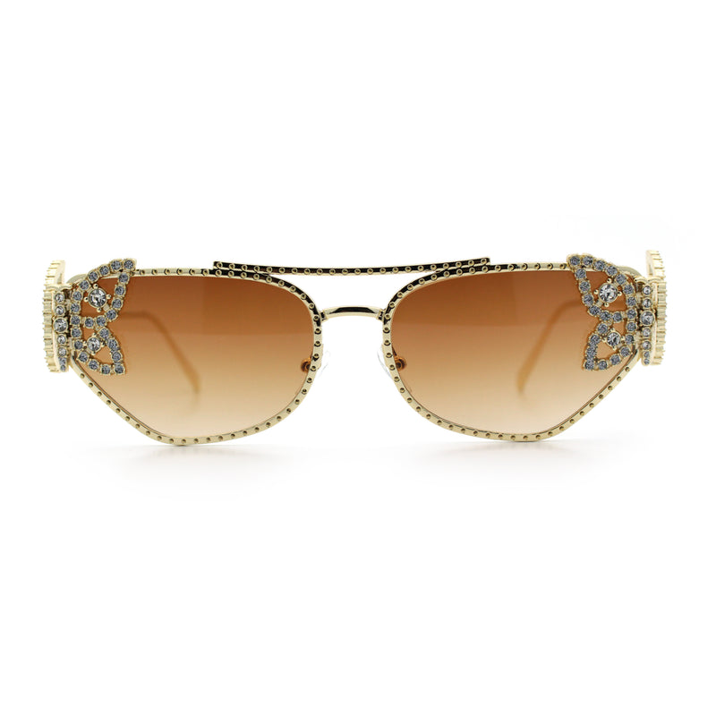 Luxury Womens Heavy Rhinestone Iced Out Cat Eye Metal Sunglasses