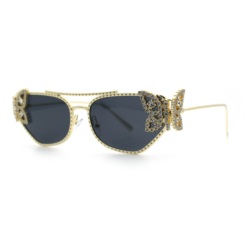 Luxury Womens Heavy Rhinestone Iced Out Cat Eye Metal Sunglasses