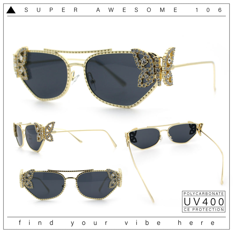 Luxury Womens Heavy Rhinestone Iced Out Cat Eye Metal Sunglasses