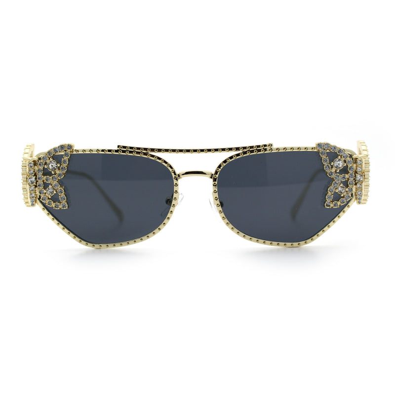 Luxury Womens Heavy Rhinestone Iced Out Cat Eye Metal Sunglasses