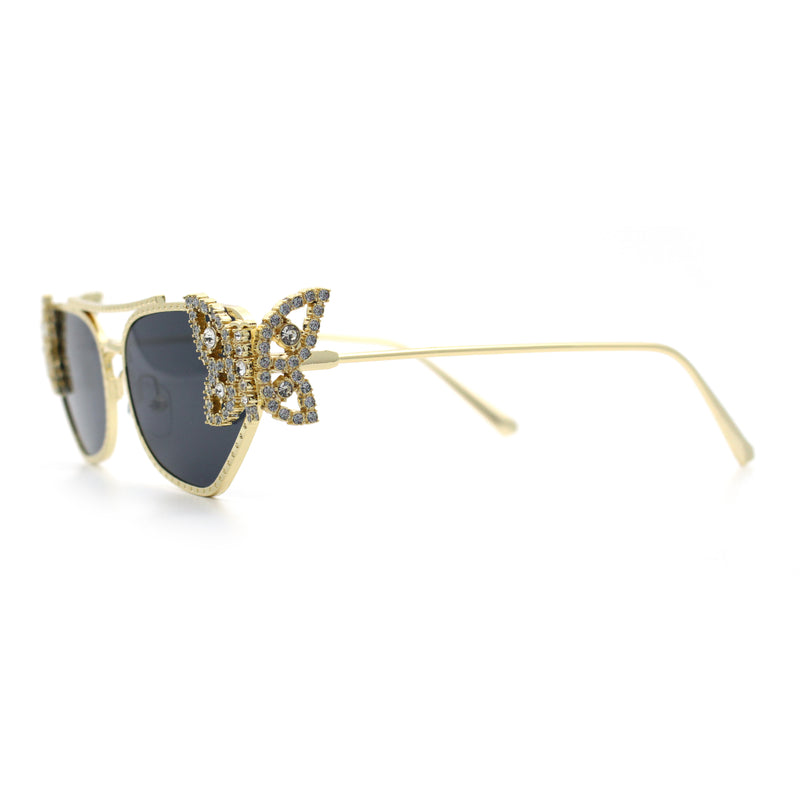 Luxury Womens Heavy Rhinestone Iced Out Cat Eye Metal Sunglasses