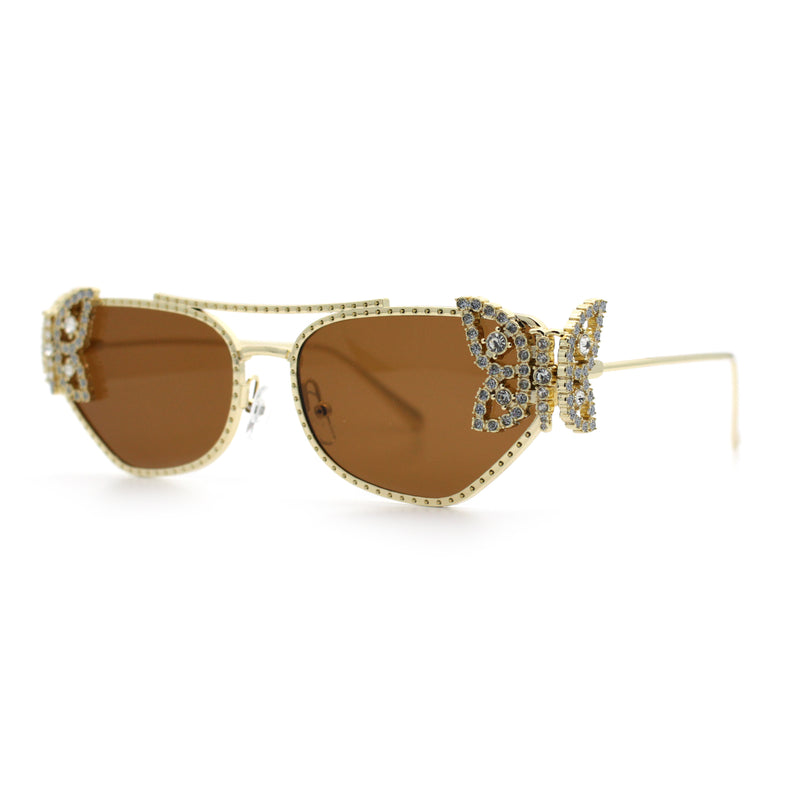 Luxury Womens Heavy Rhinestone Iced Out Cat Eye Metal Sunglasses
