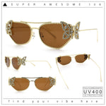 Luxury Womens Heavy Rhinestone Iced Out Cat Eye Metal Sunglasses