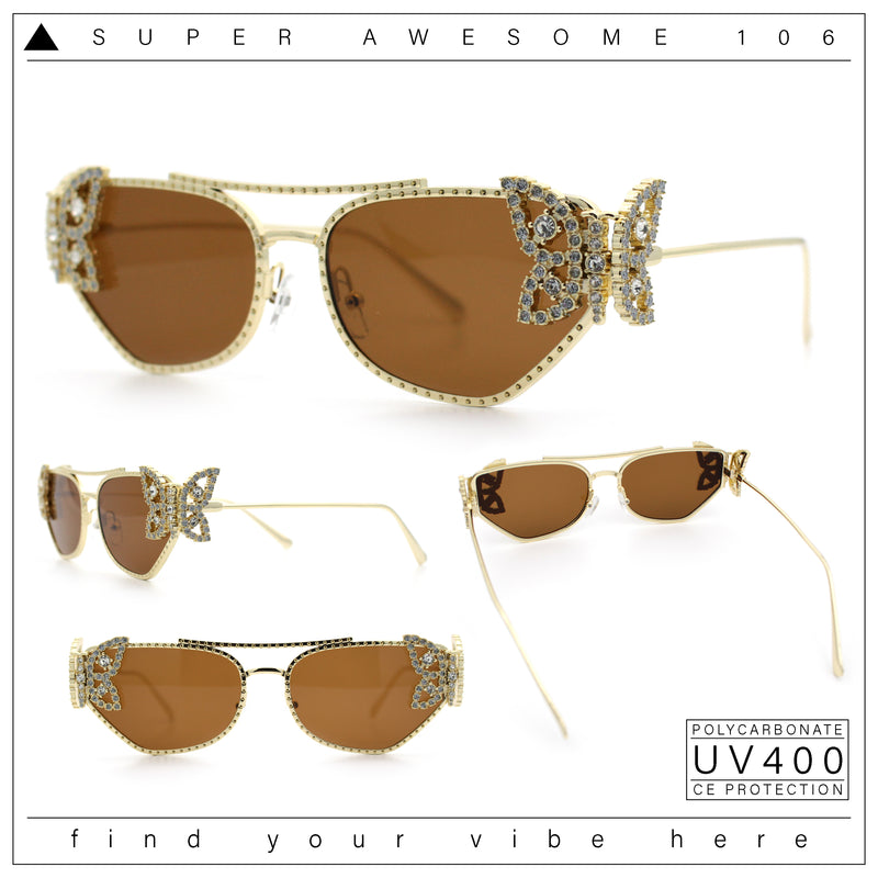 Luxury Womens Heavy Rhinestone Iced Out Cat Eye Metal Sunglasses