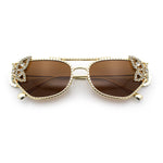 Luxury Womens Heavy Rhinestone Iced Out Cat Eye Metal Sunglasses