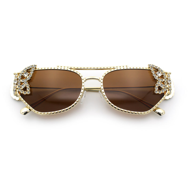 Luxury Womens Heavy Rhinestone Iced Out Cat Eye Metal Sunglasses