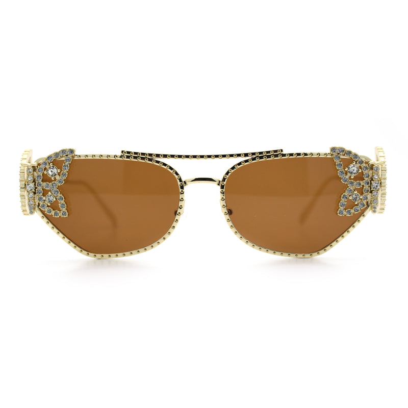 Luxury Womens Heavy Rhinestone Iced Out Cat Eye Metal Sunglasses