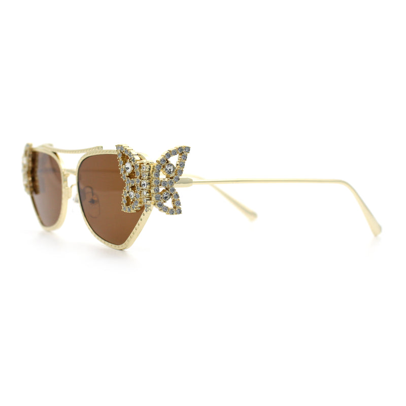 Luxury Womens Heavy Rhinestone Iced Out Cat Eye Metal Sunglasses