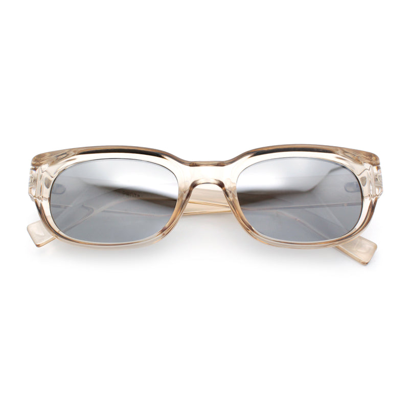 Womens Narrow Rectangle Silver Mirror Lens Mod Bevel Plastic Sunglasses