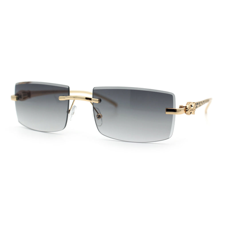 Luxury Rimless Metal Jaguar Arm Narrow Rectangle Rapper Sunglasses