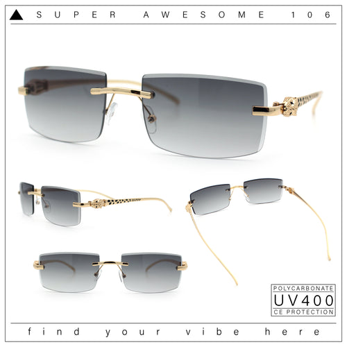 Luxury Rimless Metal Jaguar Arm Narrow Rectangle Rapper Sunglasses