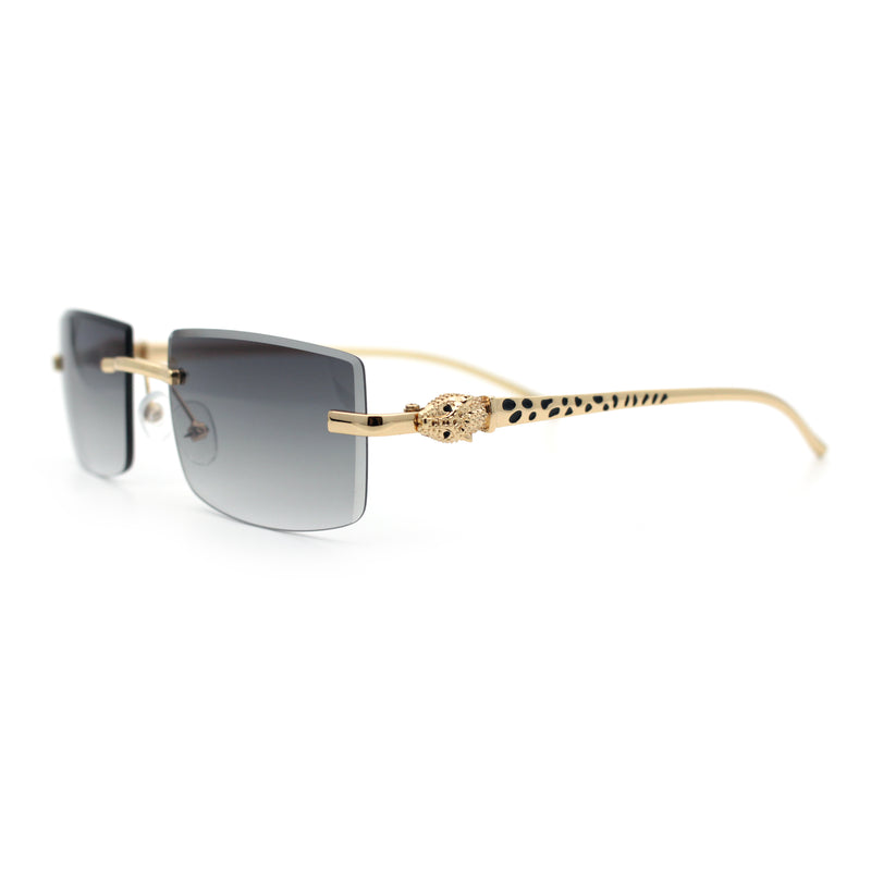 Luxury Rimless Metal Jaguar Arm Narrow Rectangle Rapper Sunglasses