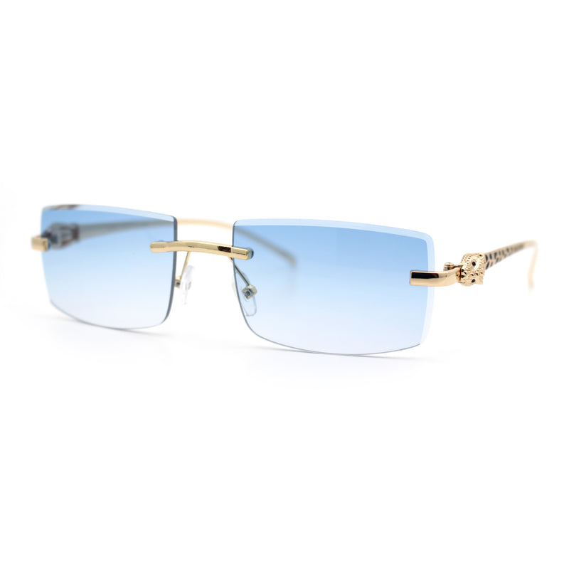 Luxury Rimless Metal Jaguar Arm Narrow Rectangle Rapper Sunglasses