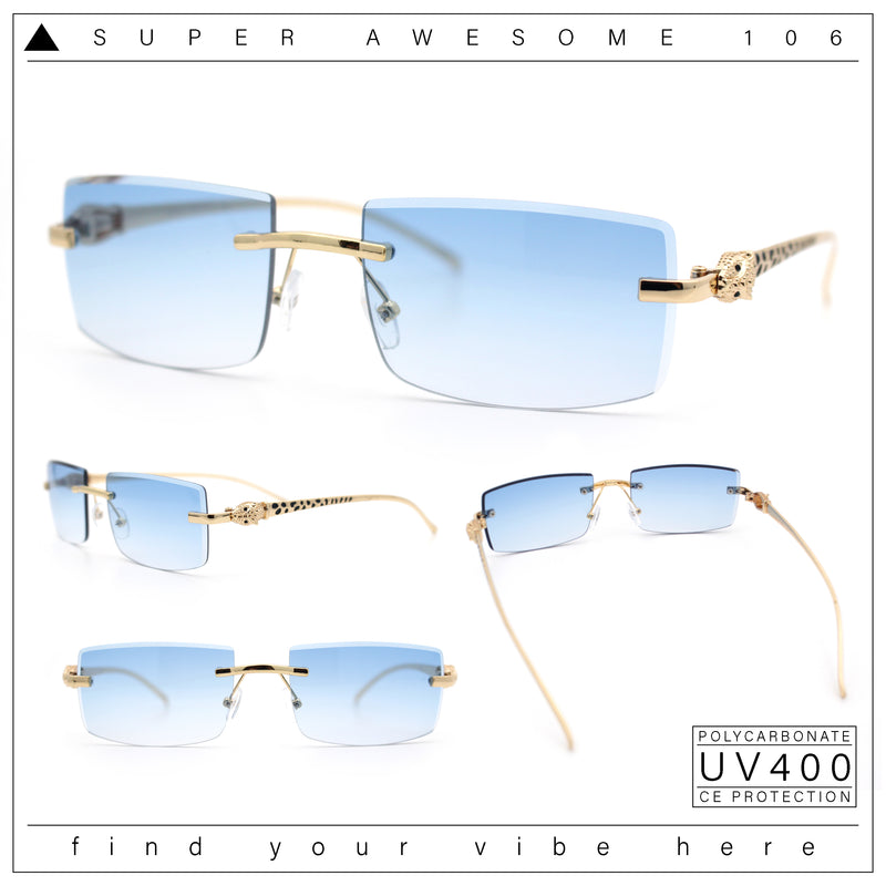 Luxury Rimless Metal Jaguar Arm Narrow Rectangle Rapper Sunglasses