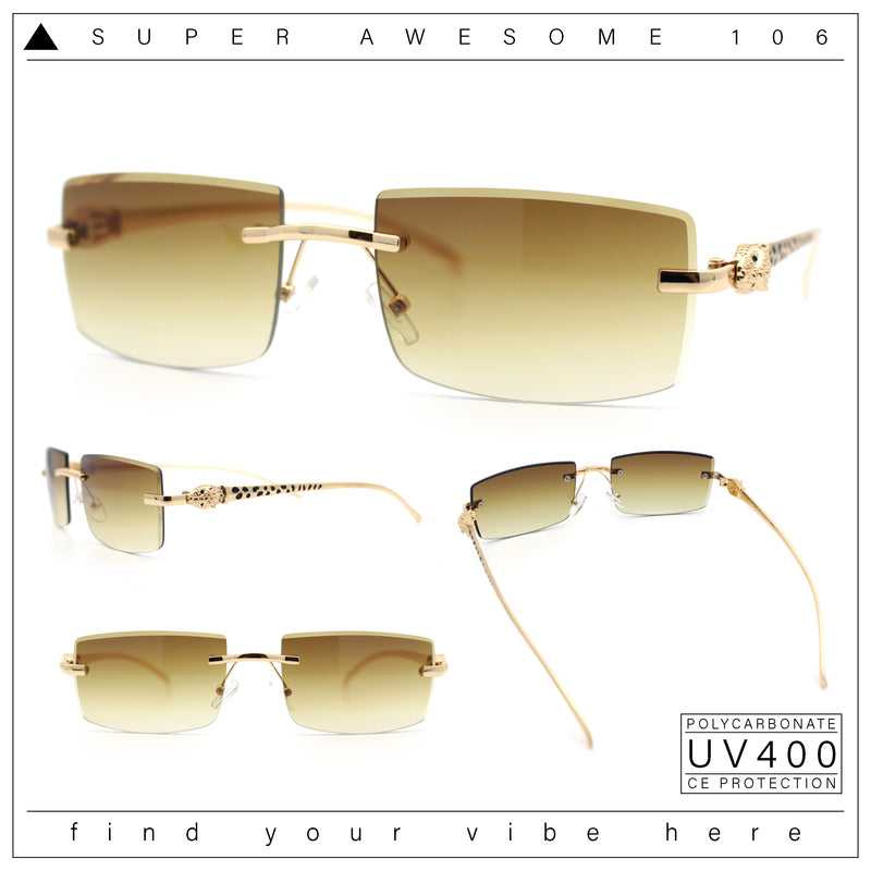 Luxury Rimless Metal Jaguar Arm Narrow Rectangle Rapper Sunglasses