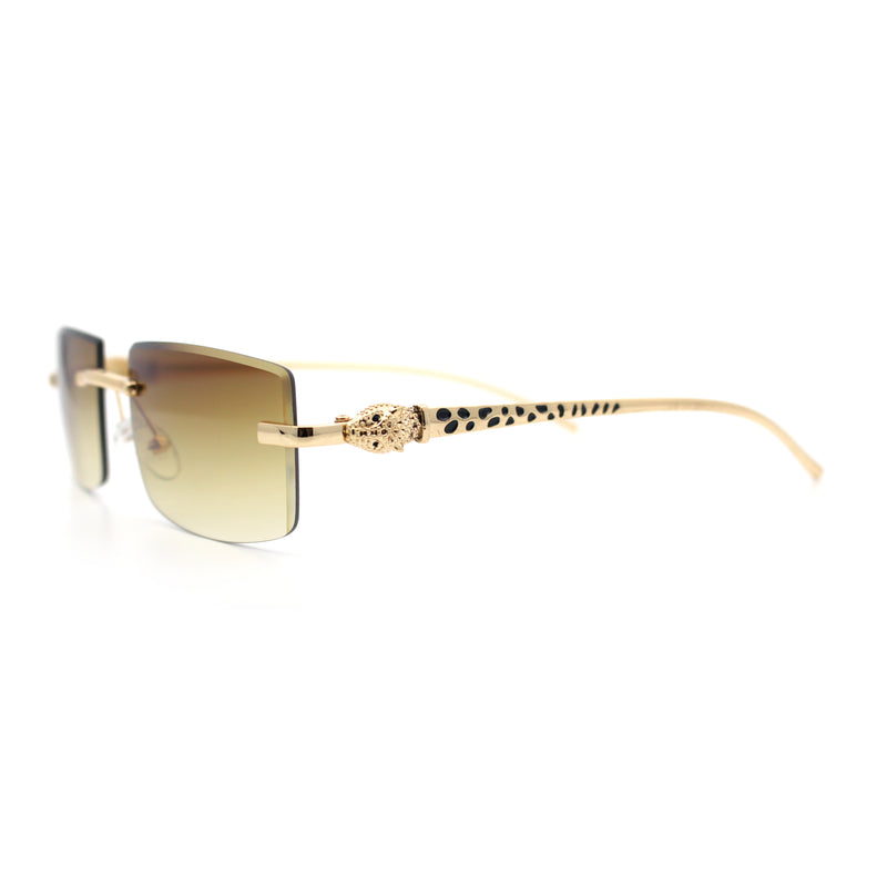 Luxury Rimless Metal Jaguar Arm Narrow Rectangle Rapper Sunglasses