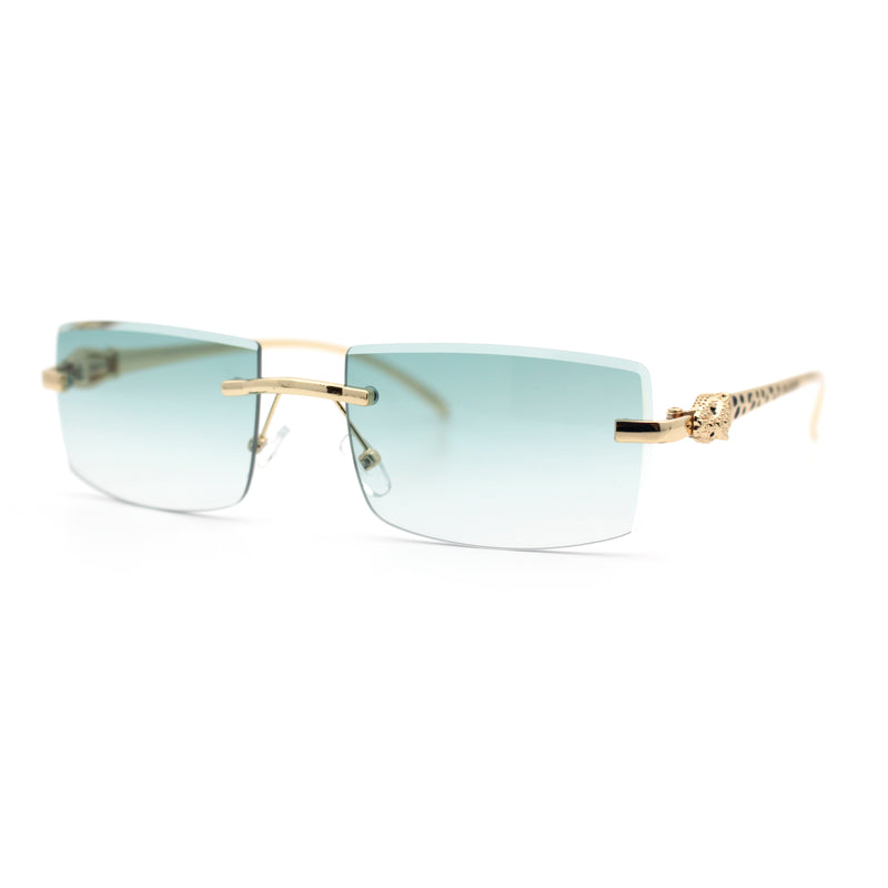Luxury Rimless Metal Jaguar Arm Narrow Rectangle Rapper Sunglasses