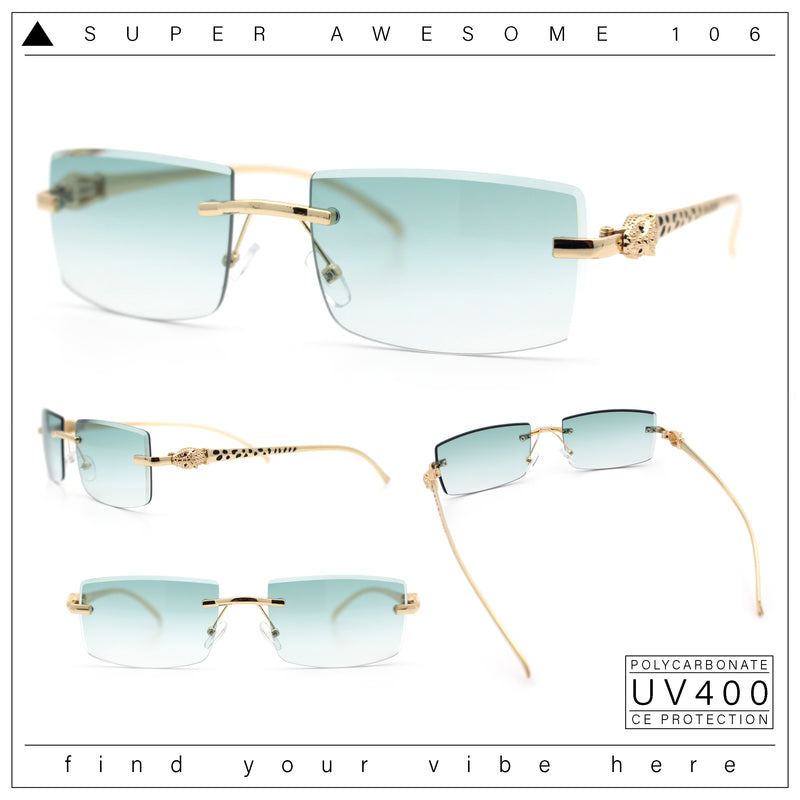 Luxury Rimless Metal Jaguar Arm Narrow Rectangle Rapper Sunglasses
