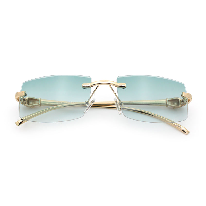 Luxury Rimless Metal Jaguar Arm Narrow Rectangle Rapper Sunglasses