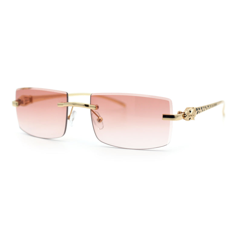 Luxury Rimless Metal Jaguar Arm Narrow Rectangle Rapper Sunglasses