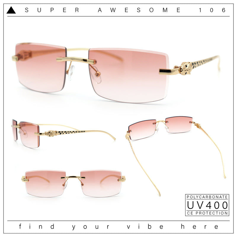Luxury Rimless Metal Jaguar Arm Narrow Rectangle Rapper Sunglasses